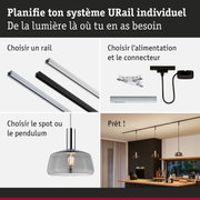 Système modulaire URail avec rails, connecteurs et suspensions dans une cuisine moderne