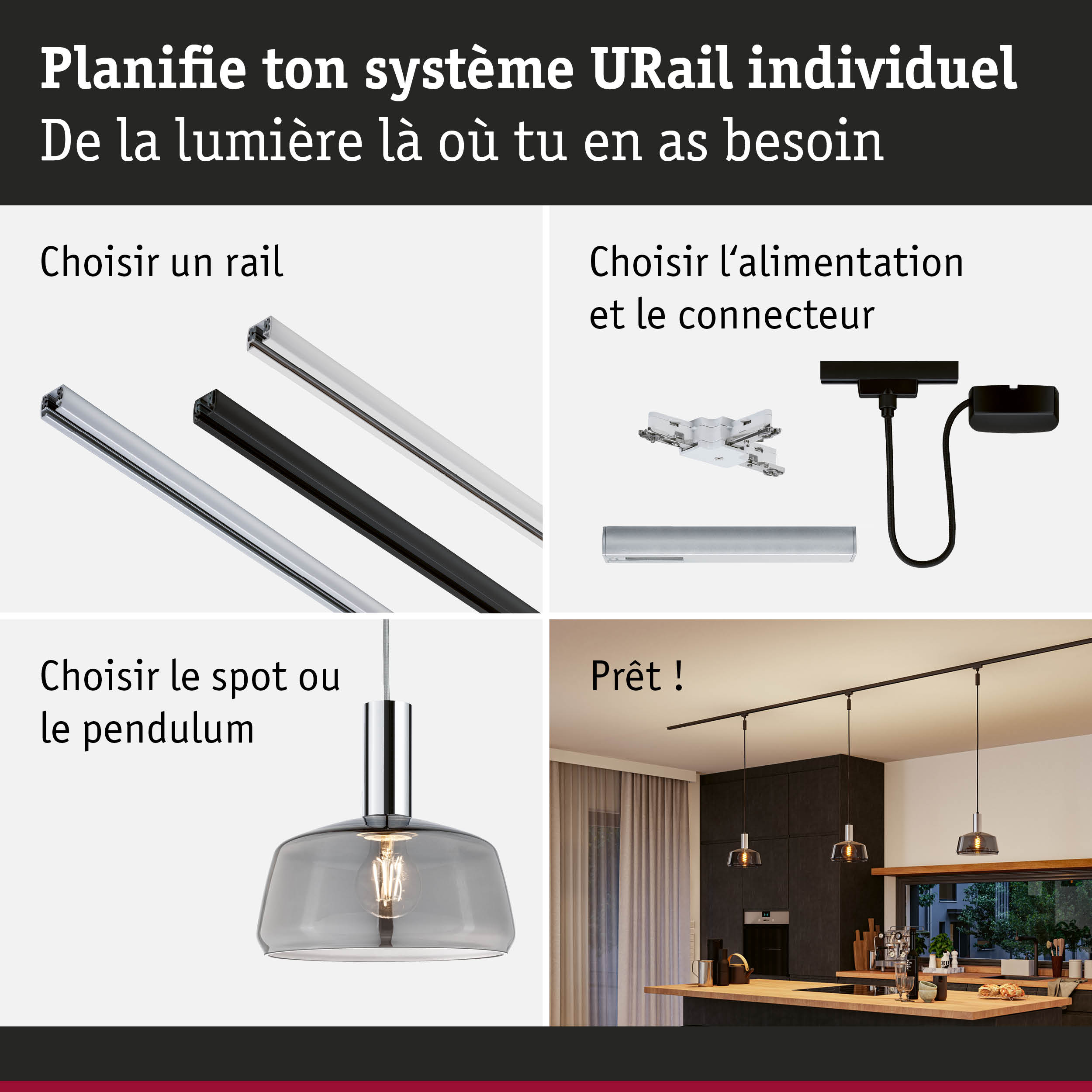 Système modulaire URail avec rails, connecteurs et suspensions dans une cuisine moderne
