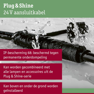 Zwart 24V Plug & Shine aansluitkabel met IP68 bescherming tegen permanente onderdompeling