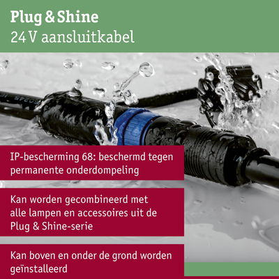 Zwart 24V Plug & Shine aansluitkabel met IP68 bescherming tegen permanente onderdompeling, waterdicht