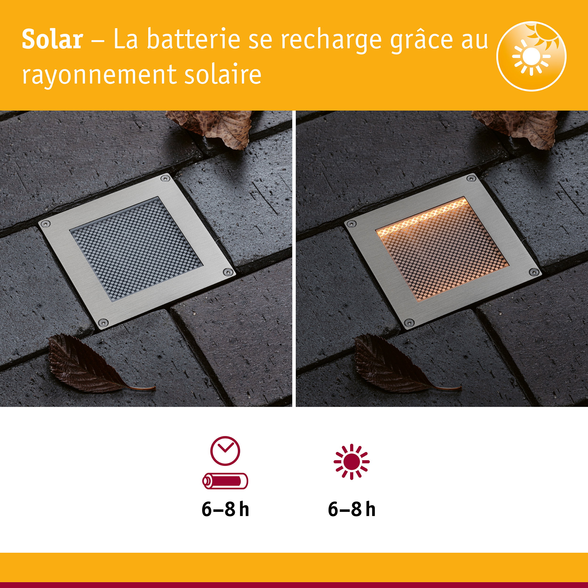 Solar Encastré de sol LED Sorea Capteur crépusculaire IP67 carré 100x100mm 2200K 0,1W 5lm 3,7V Acier brossé ABS/Polycarbonate/Acier inoxydable