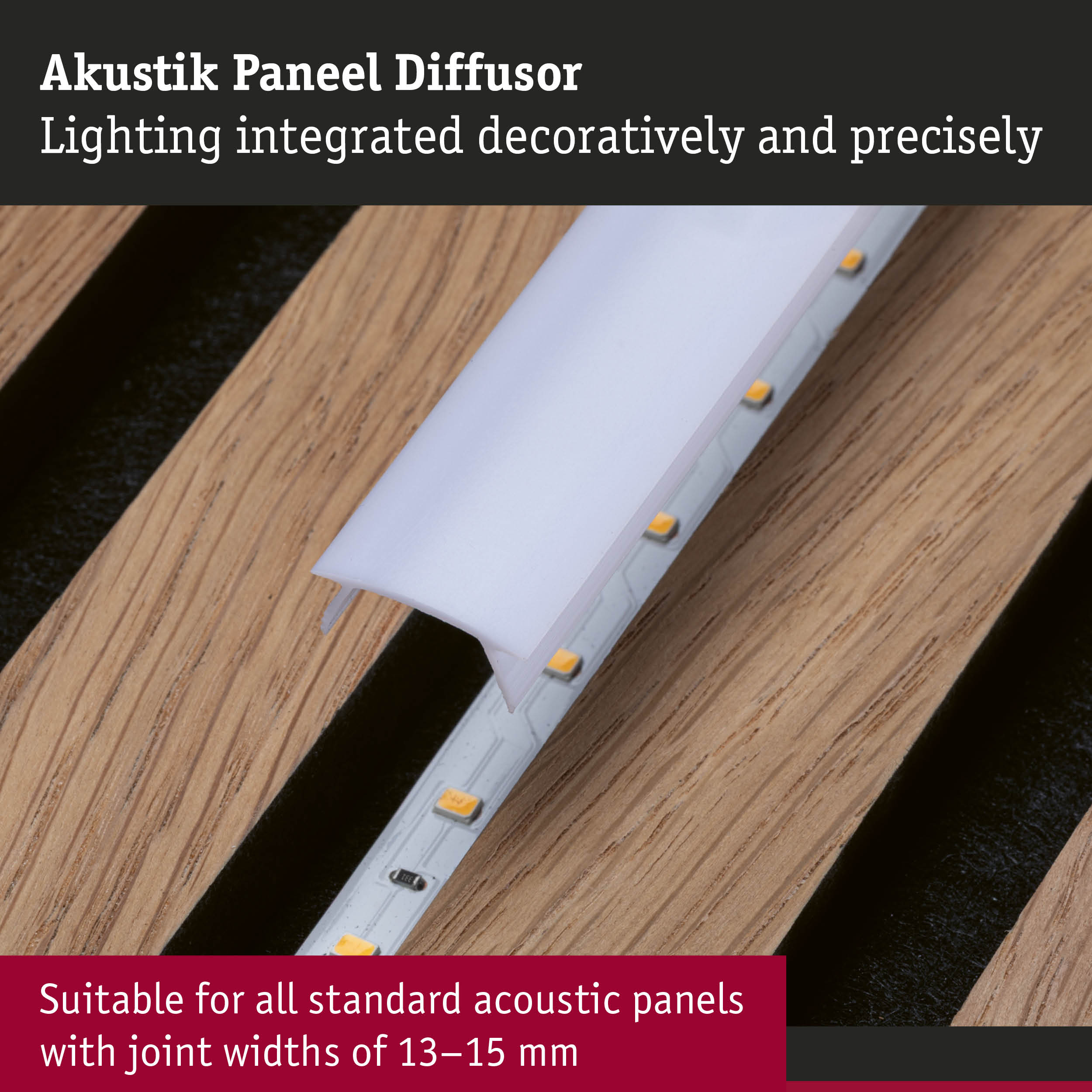 White plastic LED diffuser for acoustic panels with 13-15 mm joint width, lighting accessory