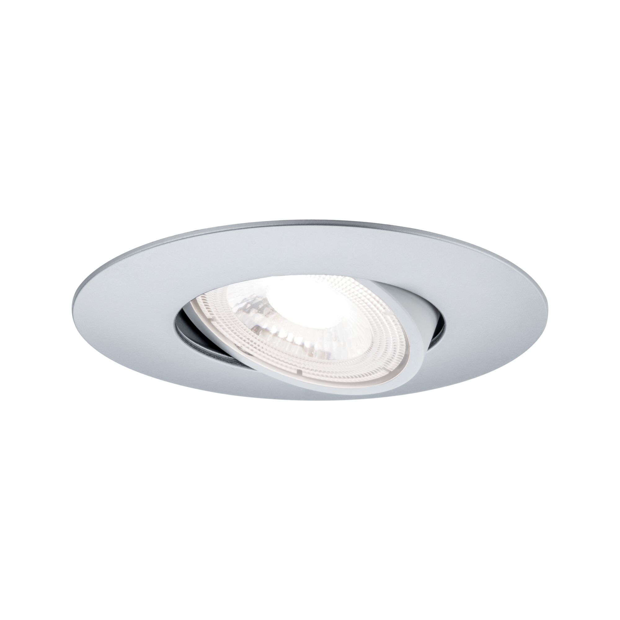 Round recessed LED spotlight in silver aluminum with adjustable light head for flexible lighting