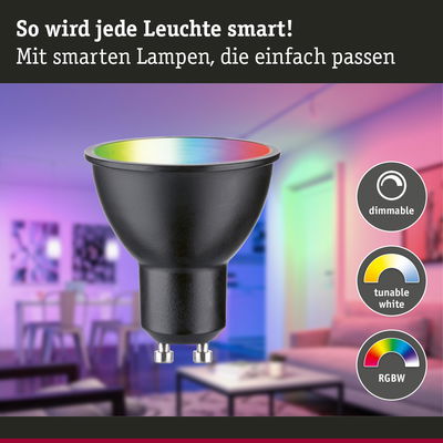 Schwarze smarte LED-Lampe mit RGBW-Farben und dimmbarer, tunbarer Weißlichtfunktion für Wohnräume