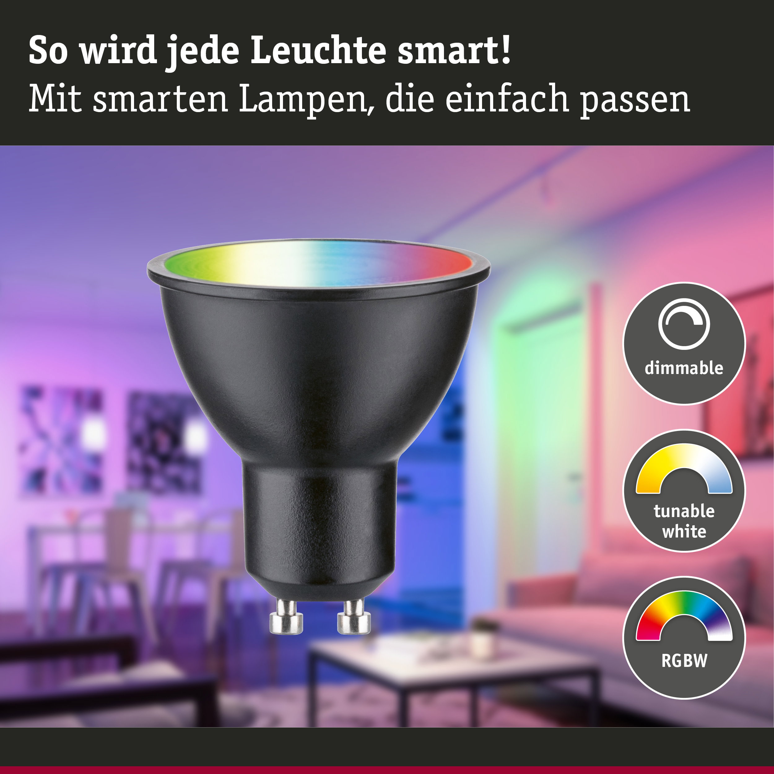 Schwarze smarte LED-Lampe mit RGBW-Farbsteuerung und dimmbarer Funktion für Wohnraumbeleuchtung