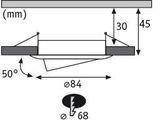 Technische Zeichnung eines runden LED-Einbaustrahler mit 84 mm Durchmesser und 50 Grad Neigung
