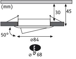 Technische Zeichnung eines runden LED-Einbaustrahler mit 84 mm Durchmesser und 50 Grad Neigung