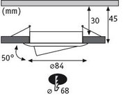 Technical drawing of round recessed spotlight with 84 mm diameter and 50-degree tilt angle