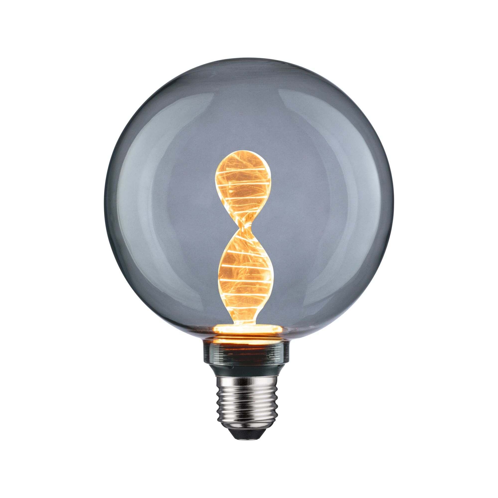 Round LED bulb with twisted warm white filament and smoky glass for decorative lighting effects