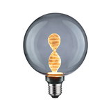 Runde LED-Glühbirne mit gedrehtem, warmweißem Filament und rauchgrauem Glas für dekorative Beleuchtung