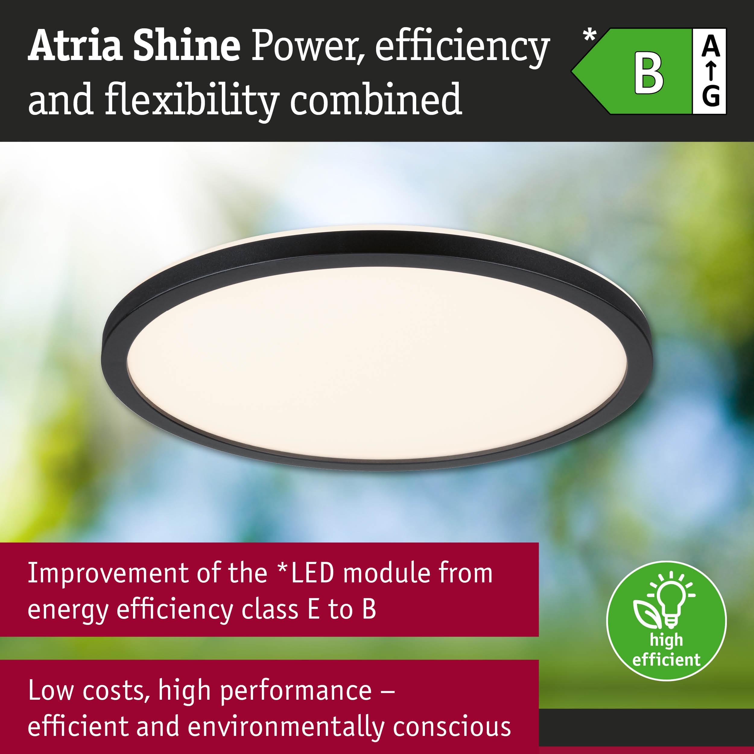 Round Atria Shine LED ceiling light with black frame, energy efficient and environmentally conscious