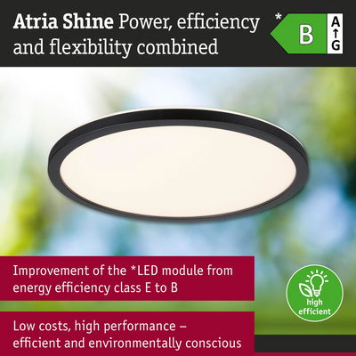 Round Atria Shine LED ceiling light with black frame, energy efficient and environmentally conscious