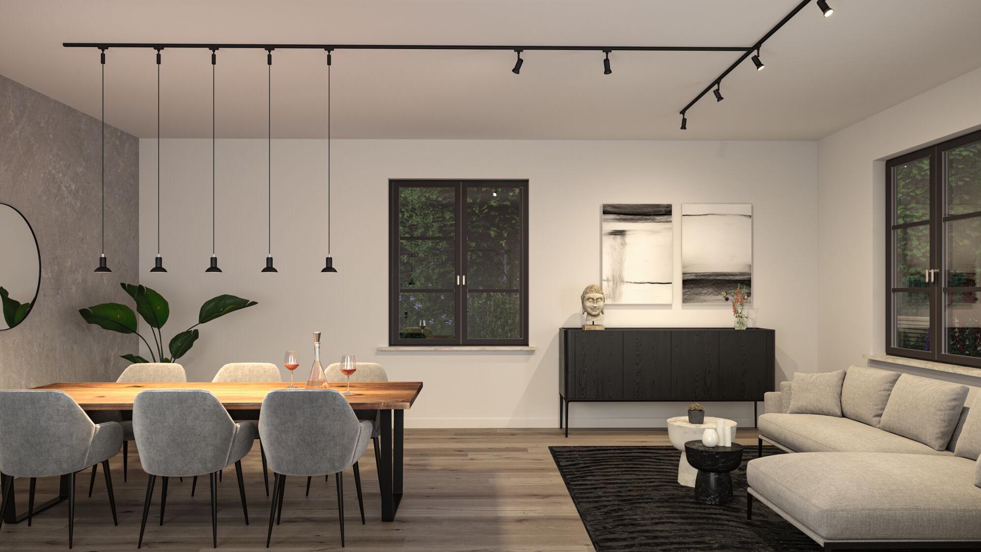 Modernes Wohnzimmer mit schwarzem URail Schienensystem und minimalistischer Pendelleuchte in Schwarz.