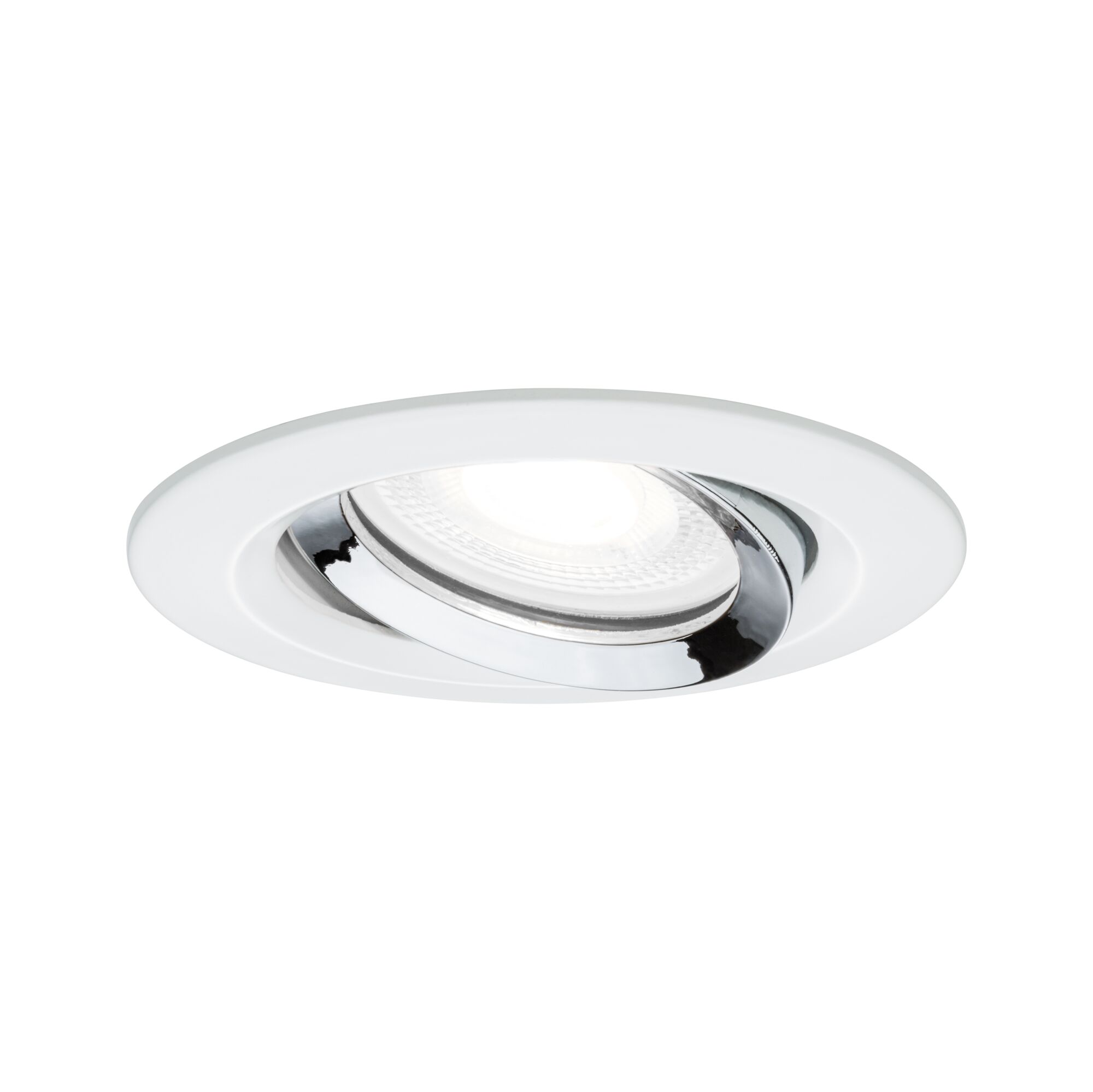 Round white recessed light with adjustable chrome reflector for focused lighting