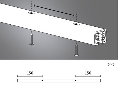 Technical drawing of white aluminum profile with screws and 150 mm spacing for LED track installation.