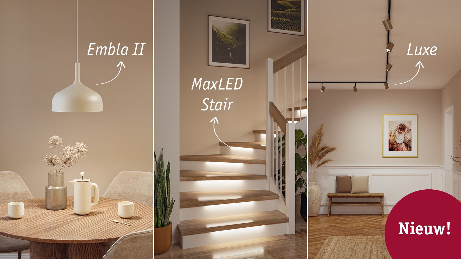 Drie moderne lampen: witte Embla II hanglamp, MaxLED trapverlichting en bruine Luxe plafondspots