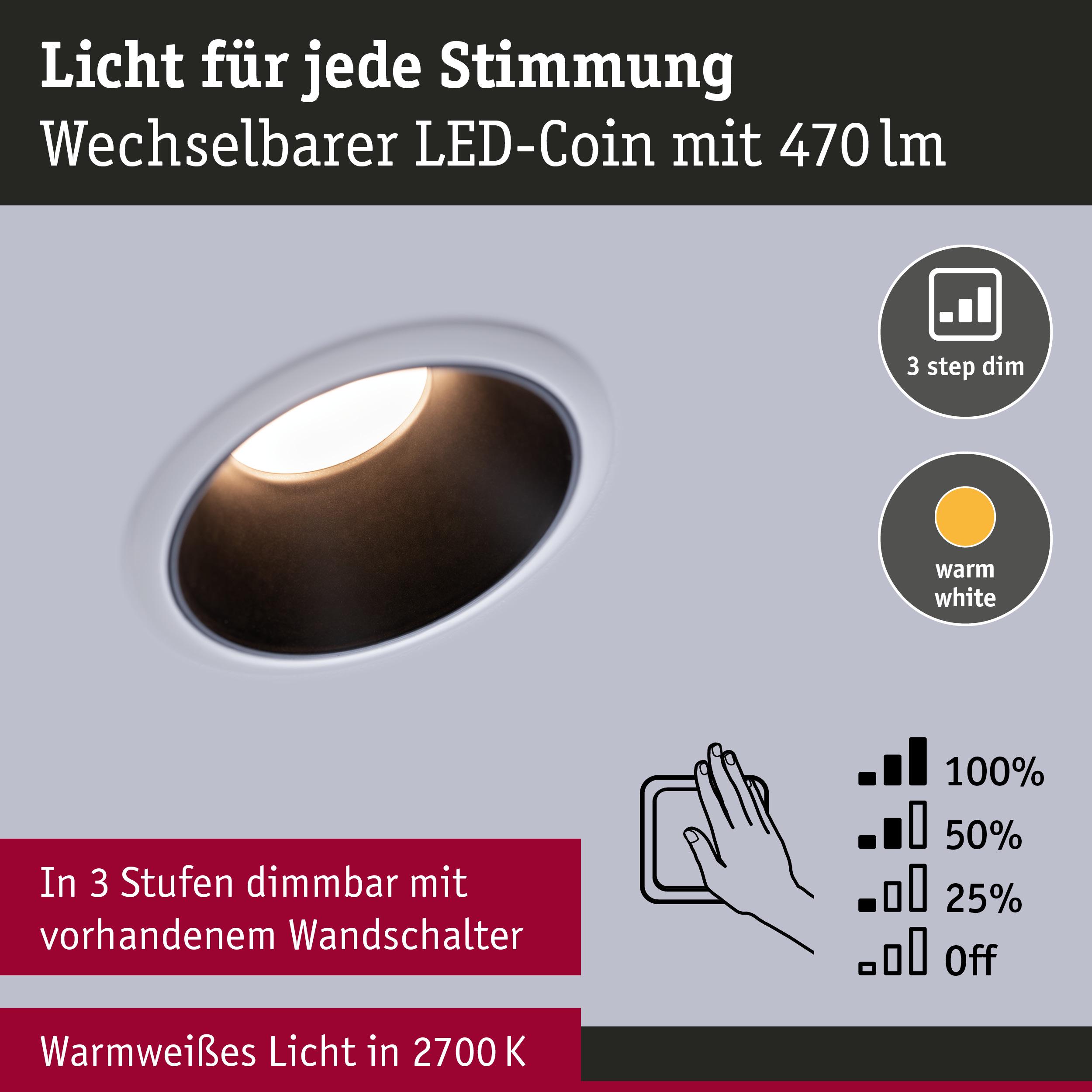 Weißer LED-Einbaustrahler mit warmweißem Licht 2700K und 3-stufiger Dimmfunktion für Wandlichtsteuerung