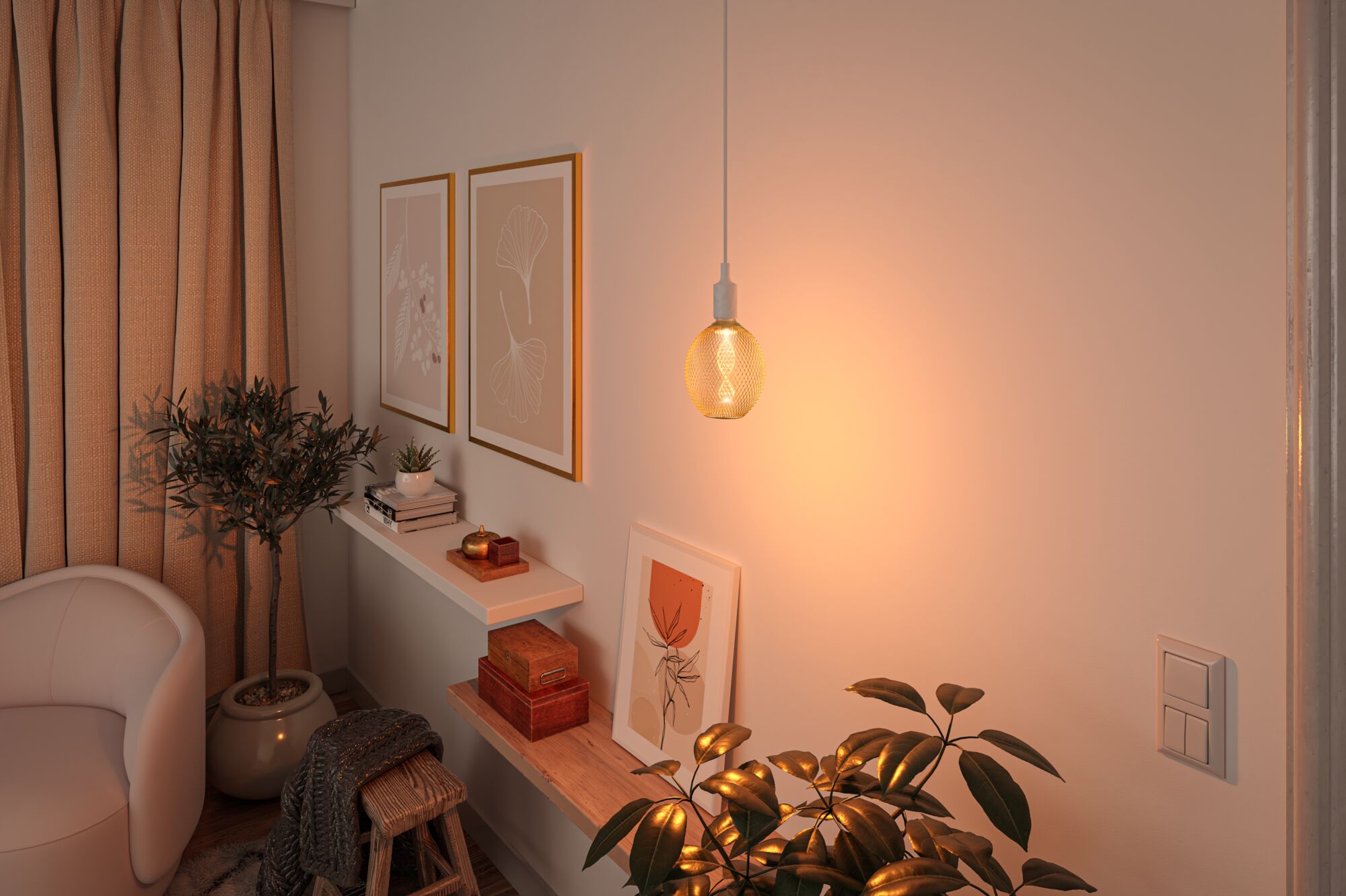 Warm glass mesh pendant lamp in cozy living room with plants and wooden shelves.