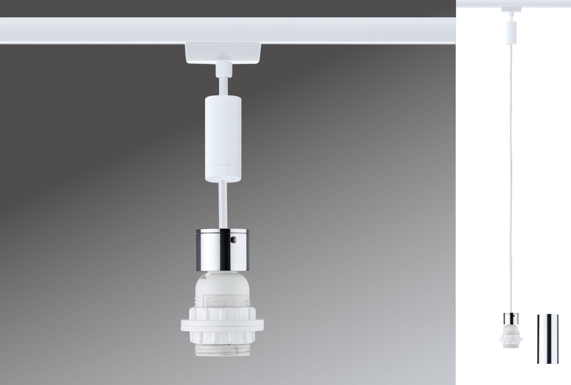 White lamp holder with chrome ring and cable for LED track lighting, modern design