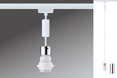 White lamp holder with chrome ring and cable for LED track lighting, modern design