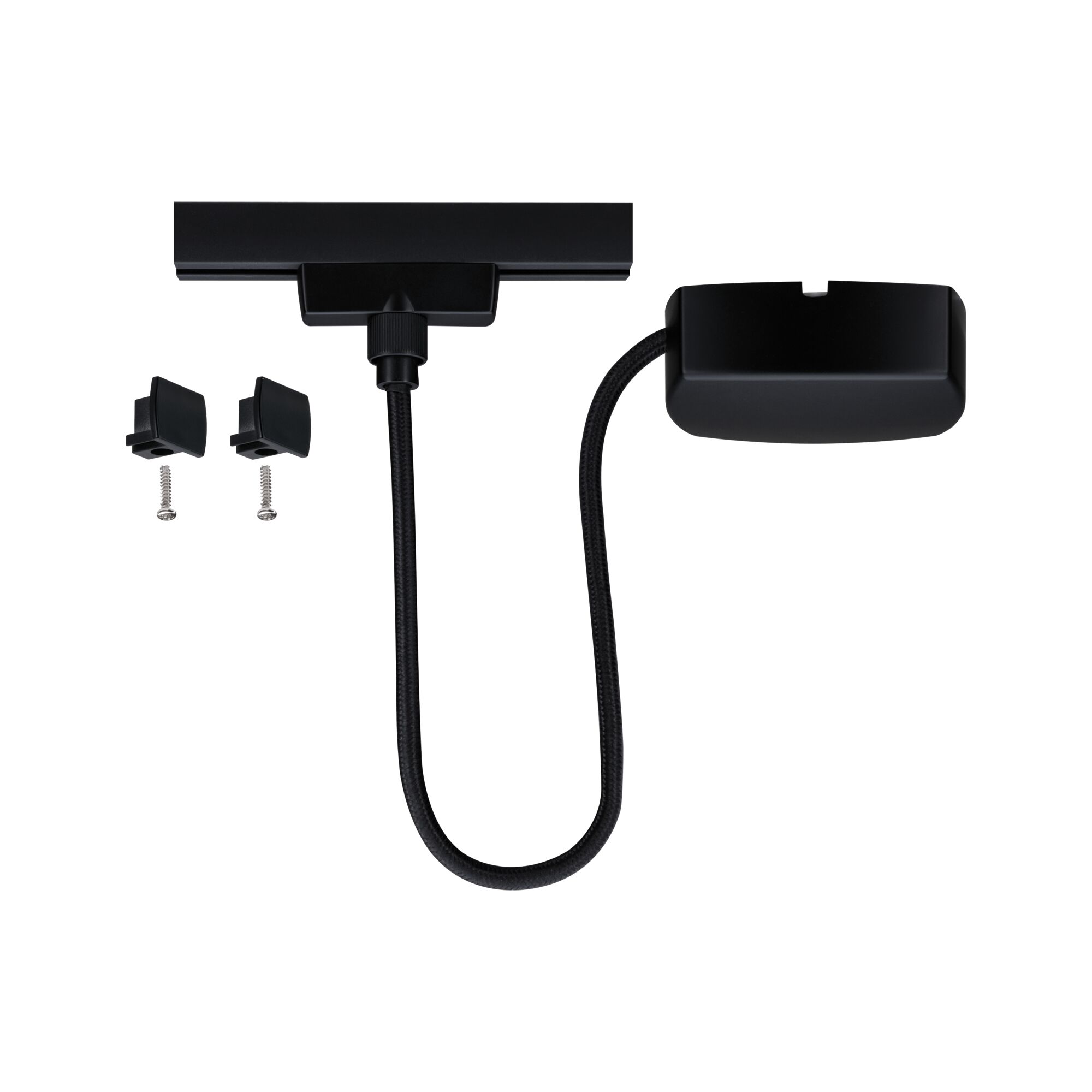 Black LED track power connector cable with two screws and plastic covers for lighting systems.