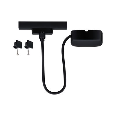 Black LED track power connector cable with two screws and plastic covers for lighting systems.