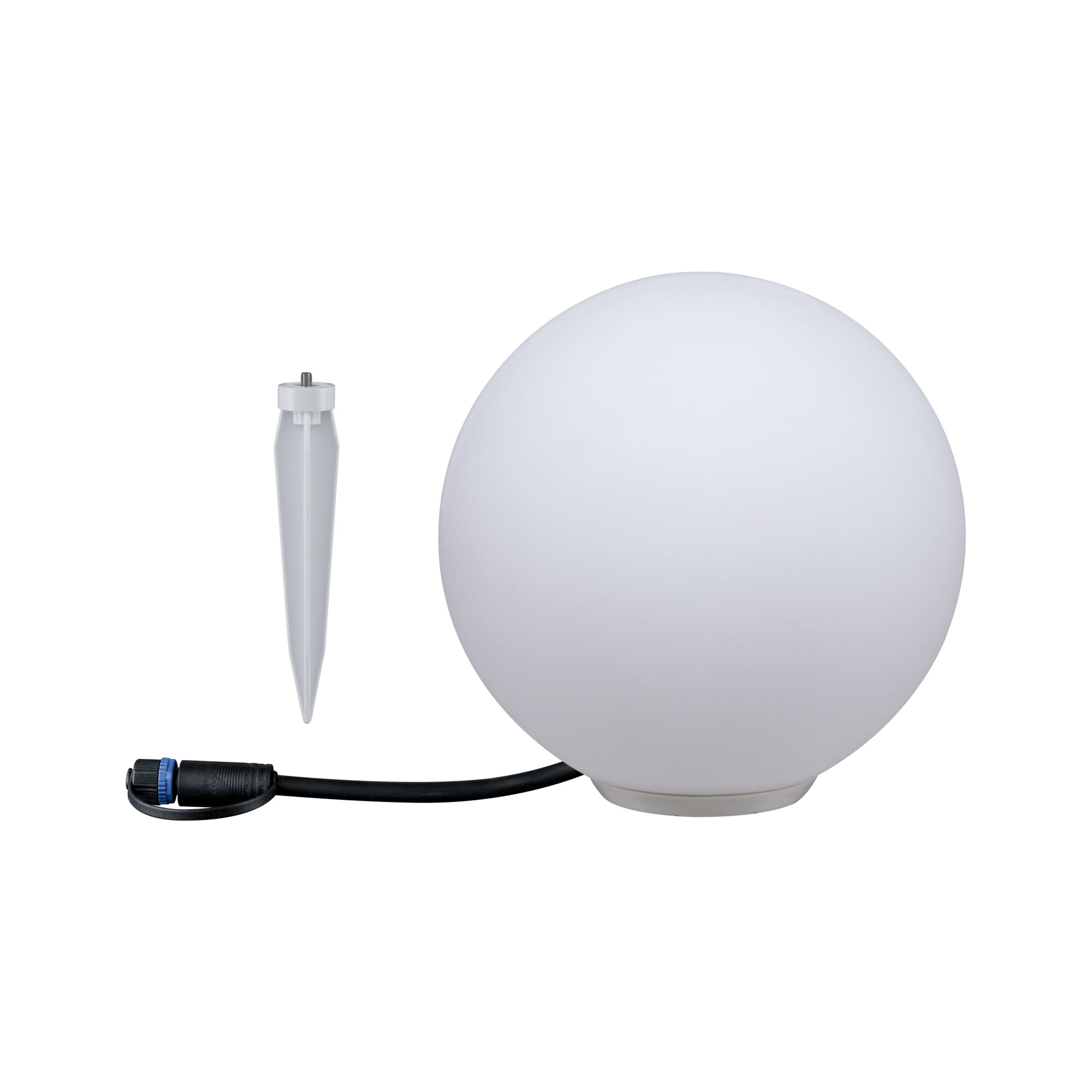 White plastic globe outdoor light with ground spike and cable for garden lighting