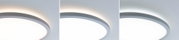 Trois plafonniers LED ronds avec diffuseur blanc et cadre gris montrant différentes couleurs de lumière