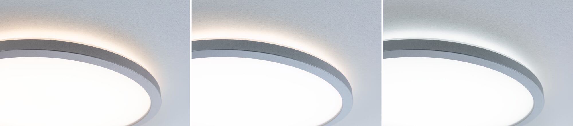 Trois plafonniers LED ronds avec diffuseur blanc et cadre gris montrant différentes couleurs de lumière