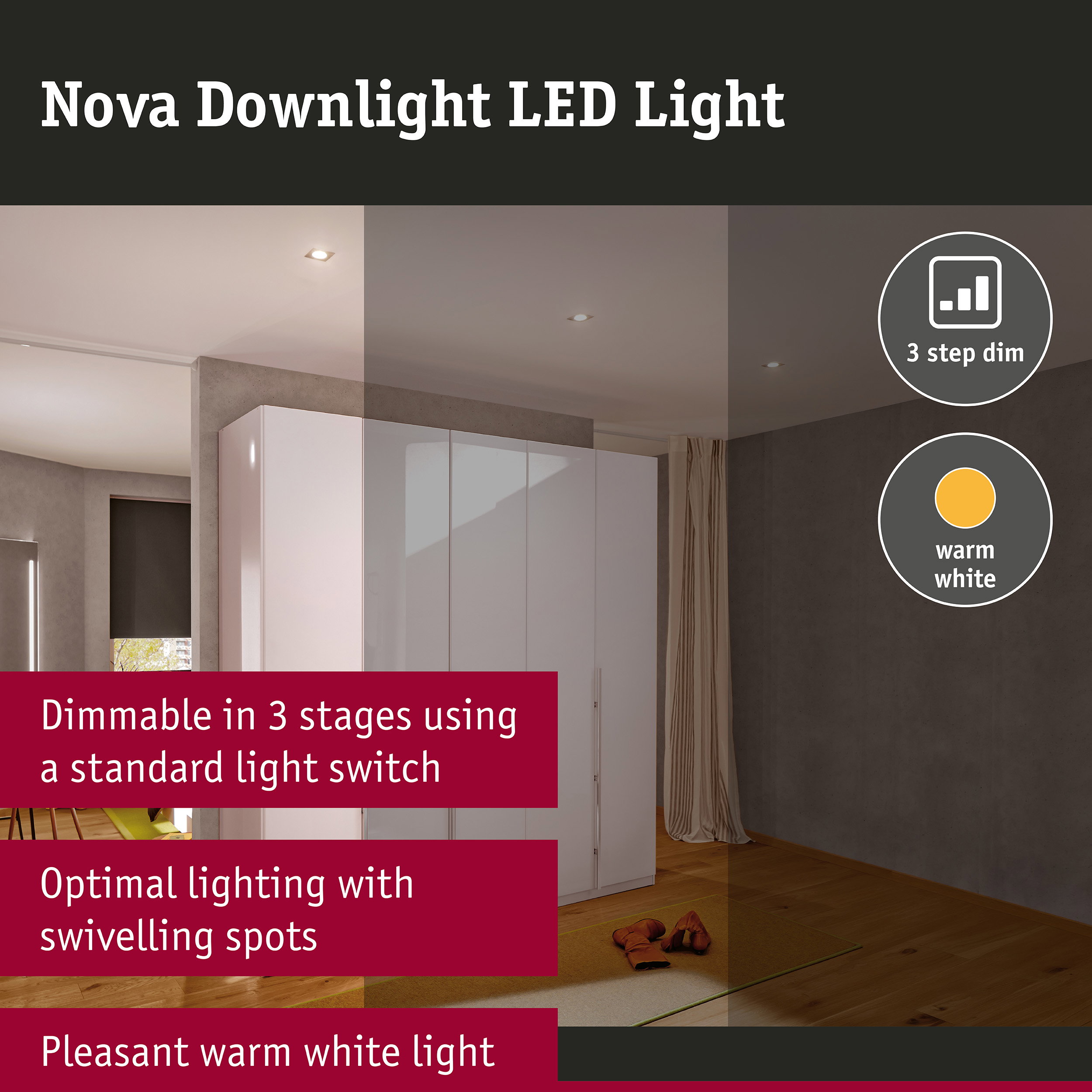 LED Downlight 3-Step-Dim Nova Coin Basic Set Swivelling angular 84x84mm 50° Coin 3x6W 3x470lm 230V dimmable 2700K Matt white