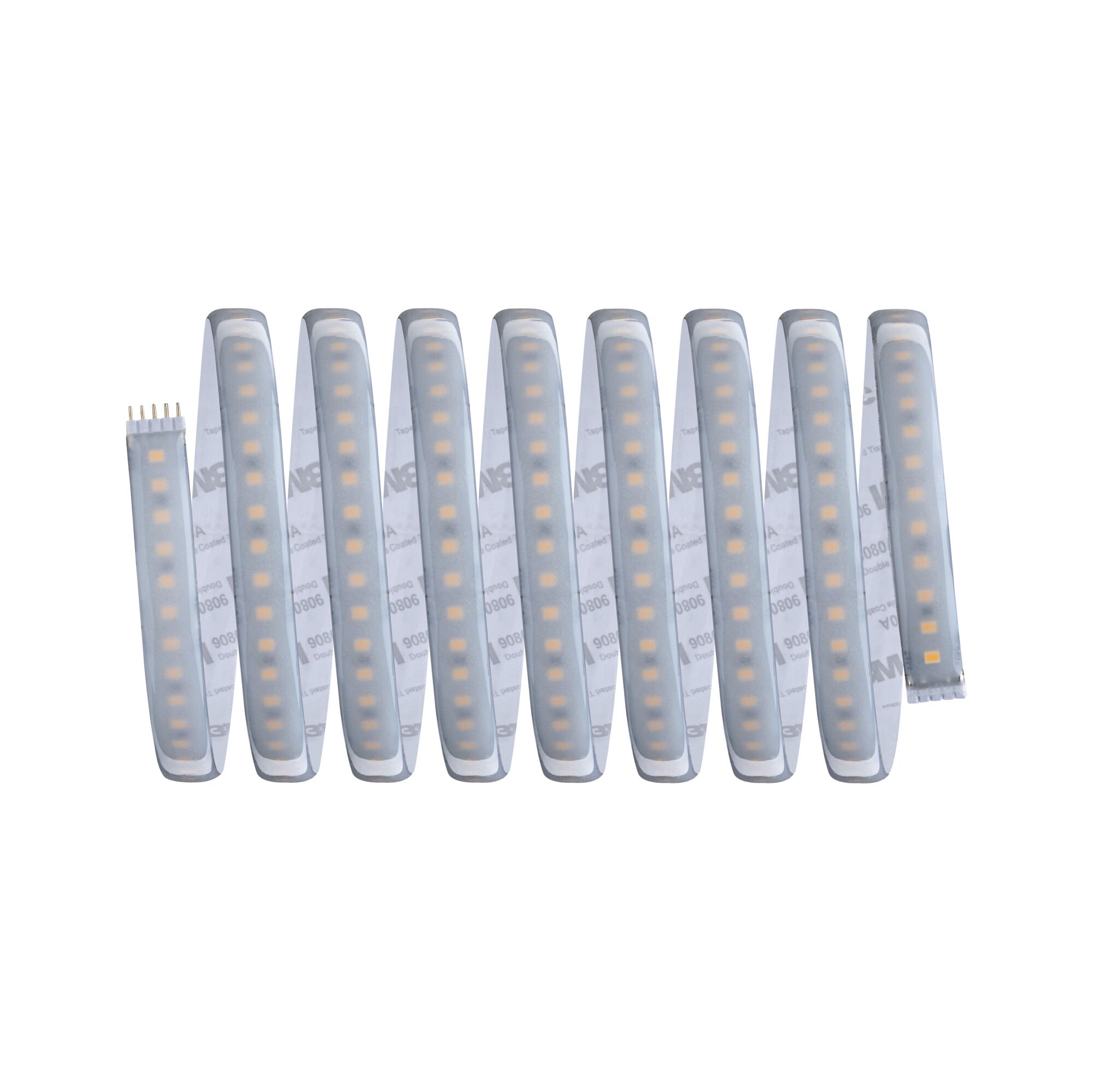 Flexibler LED-Lichtstreifen mit warmweißen Dioden und selbstklebender Rückseite für vielseitige Beleuchtung.