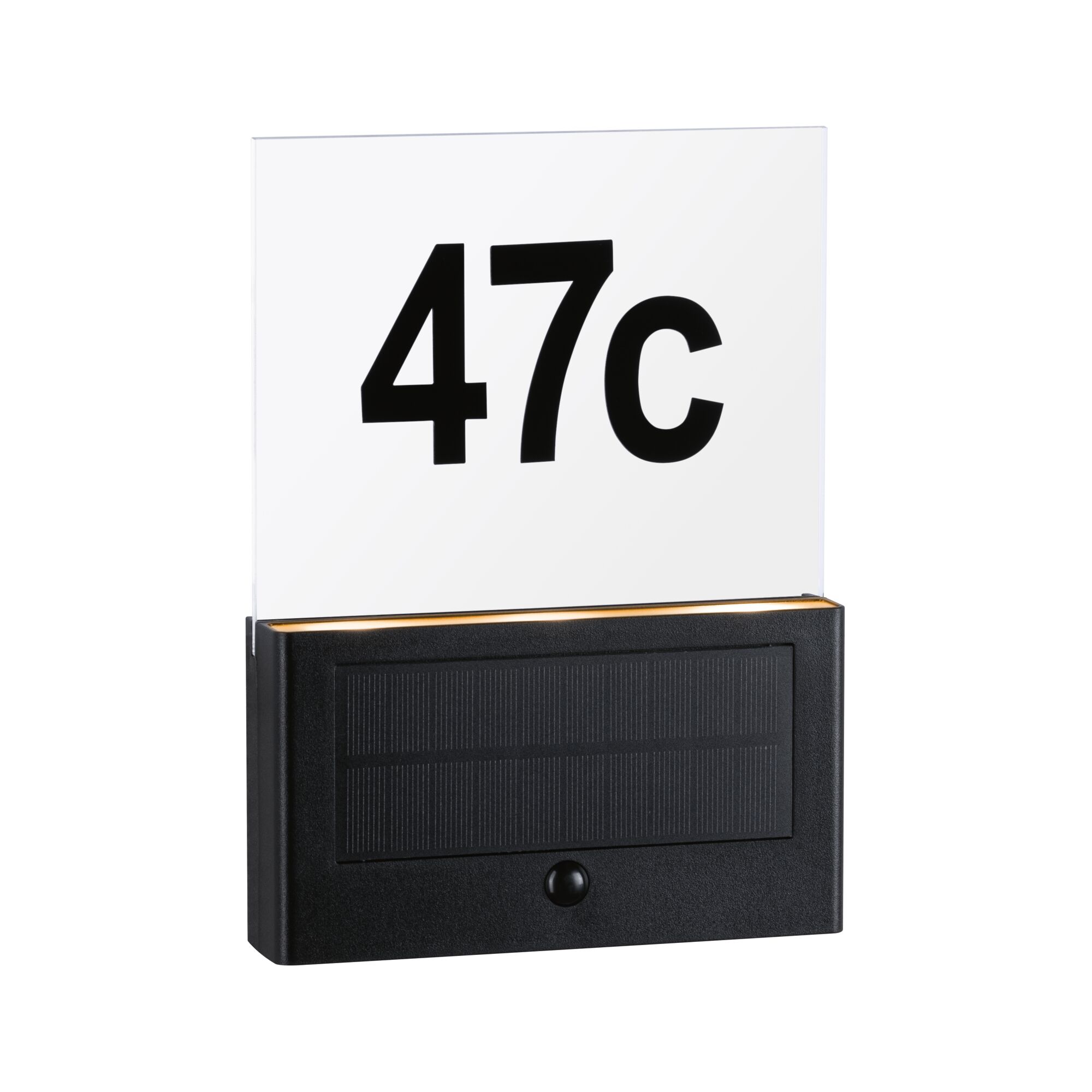 Black solar house number sign with illuminated acrylic glass showing number 47c for outdoor use