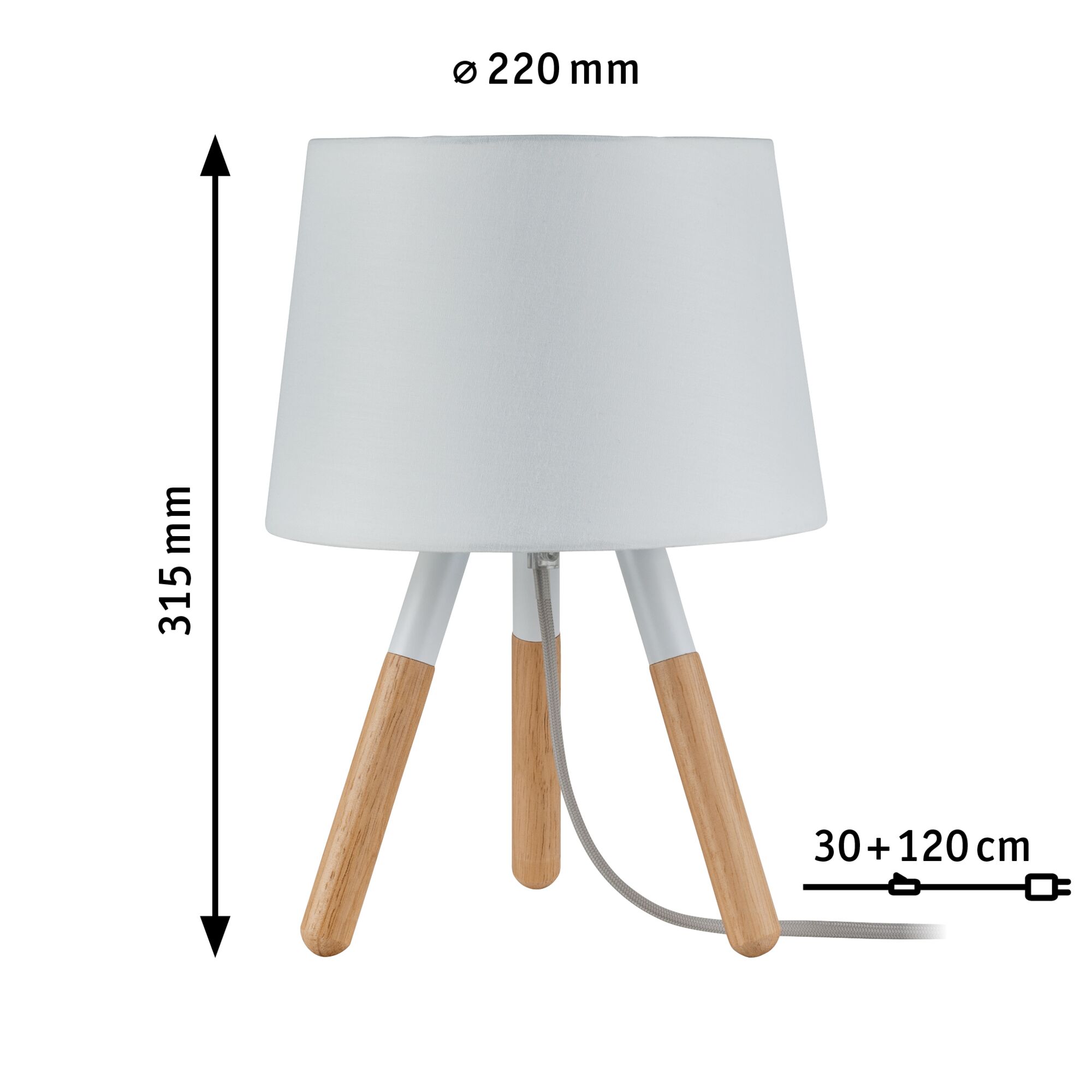 Moderne Tischlampe mit weißem Stoffschirm und Holzbeinen, Maße 220 mm Durchmesser, 315 mm Höhe