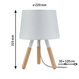 Moderne Tischlampe mit weißem Stoffschirm und Holzbeinen, Maße 220 mm Durchmesser, 315 mm Höhe