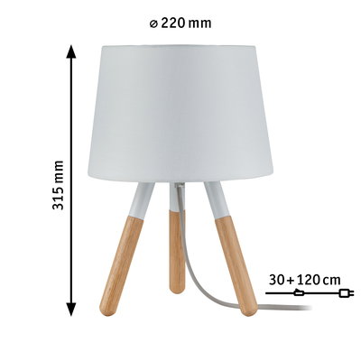 Moderne Tischlampe mit weißem Stoffschirm und Holzbeinen, Maße 220 mm Durchmesser, 315 mm Höhe