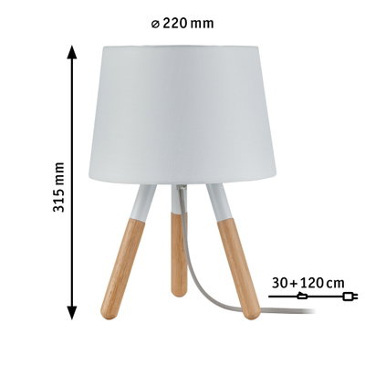 Moderne Tischlampe mit weißem Stoffschirm und Holzbeinen, Maße 220 mm Durchmesser, 315 mm Höhe