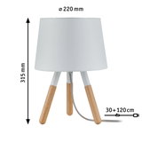 Modern table lamp with white fabric shade and wooden legs, 220 mm diameter, 315 mm height