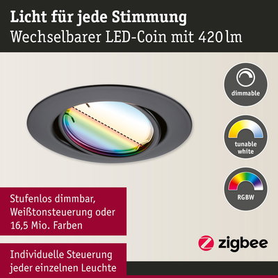 Schwarzer LED-Einbaustrahler mit dimmbarer RGBW-Farbsteuerung und Zigbee-Funktion für individuelle Lichtstimmung