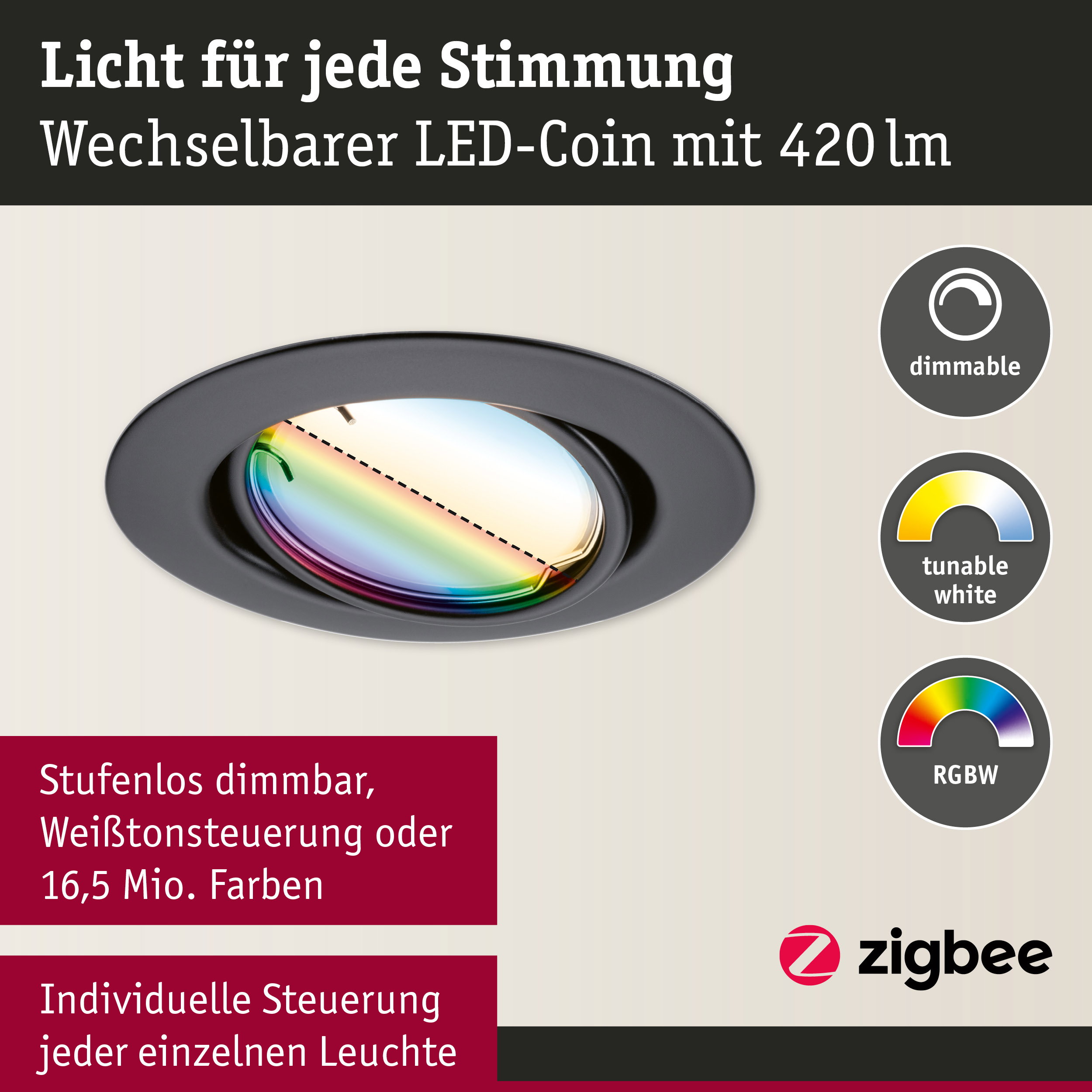 Schwarzer LED-Einbaustrahler mit wechselbarem LED-Coin und dimmbarer, tunbarer Lichtfarbe