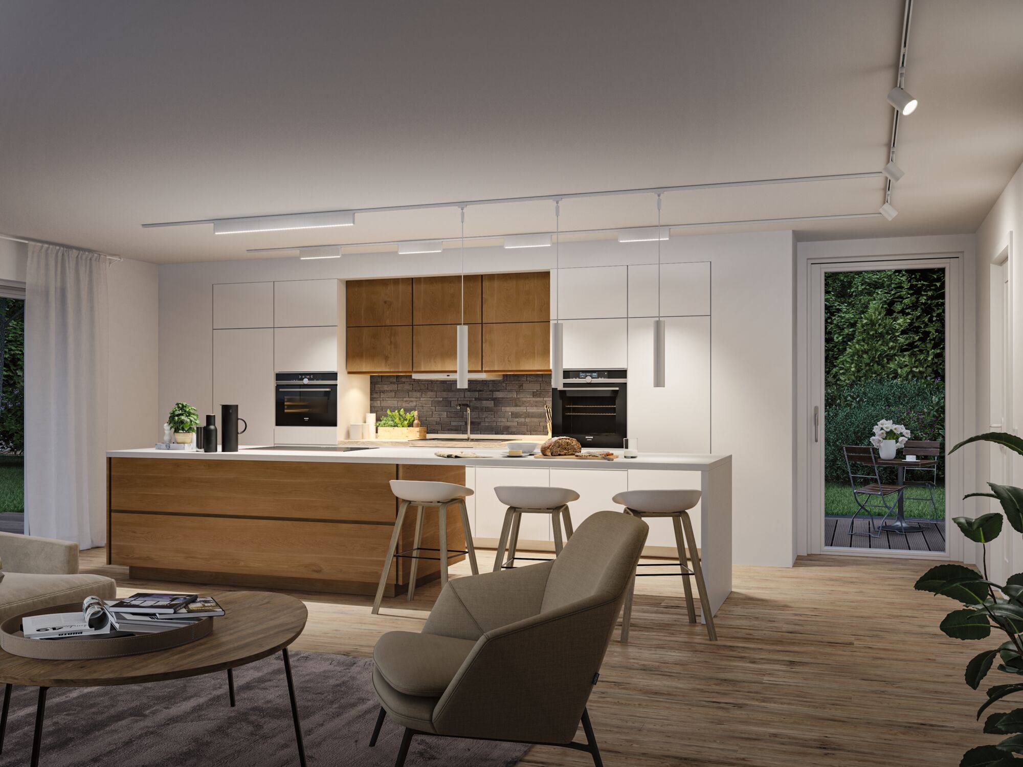 Moderne køkken med træfronter og hvide skabe oplyst af minimalistiske lofts- og pendellamper