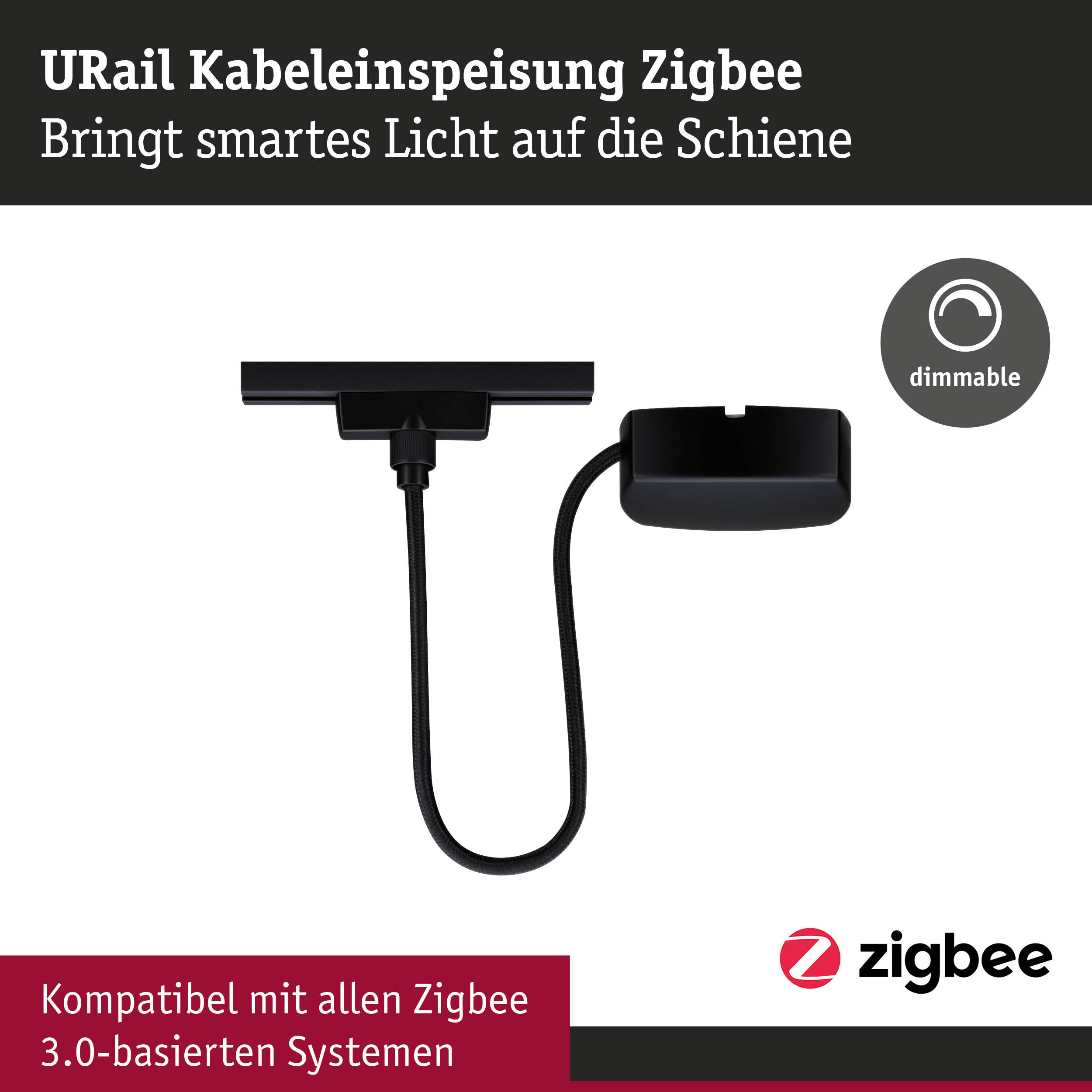 Schwarze URail Kabeleinspeisung mit Zigbee für dimmbares smartes Licht auf Schienenbeleuchtung