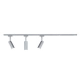 Spot LED sur rail à trois lampes en aluminium argenté pour un éclairage d’intérieur flexible