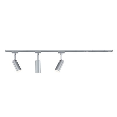 Spot LED sur rail à trois lampes en aluminium argenté pour un éclairage d’intérieur flexible
