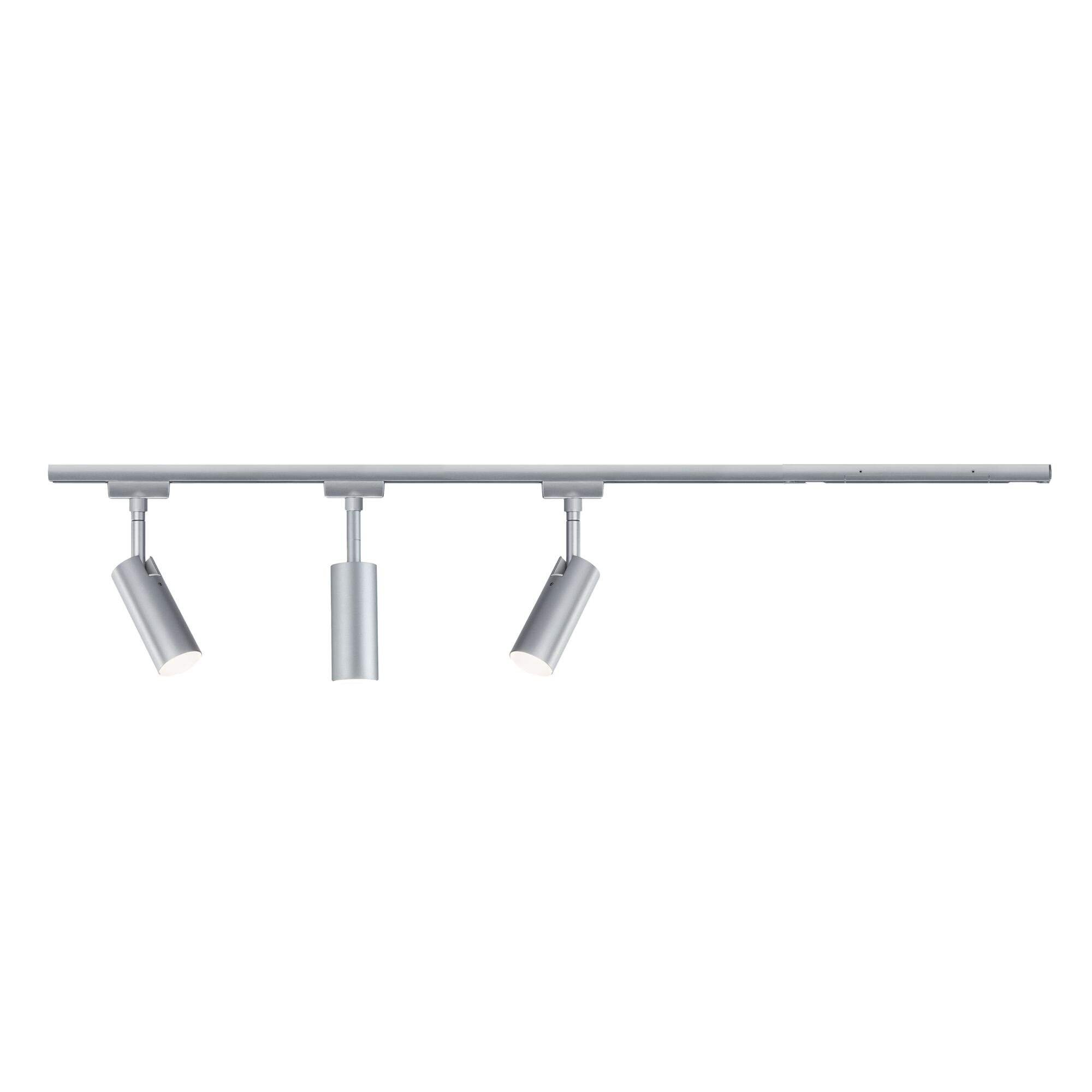 Spot LED sur rail à trois lampes en aluminium argenté pour un éclairage d’intérieur flexible
