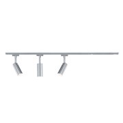 Spot LED sur rail à trois lampes en aluminium argenté pour un éclairage d’intérieur flexible