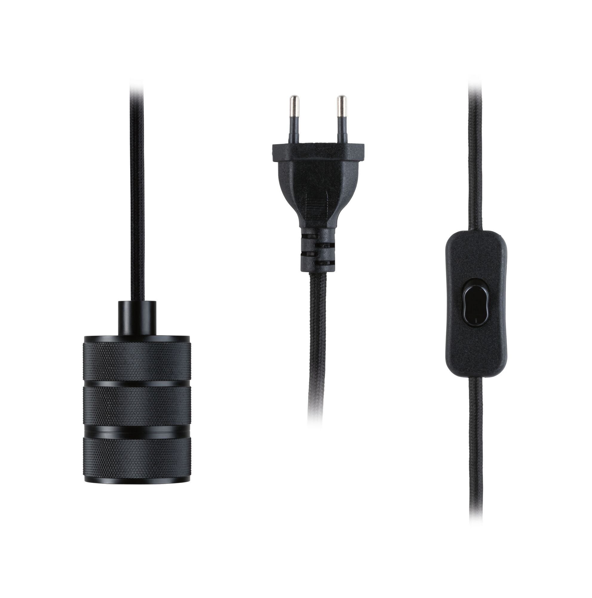 Black textile cable with E27 socket, Euro plug and on/off switch for lamp connection