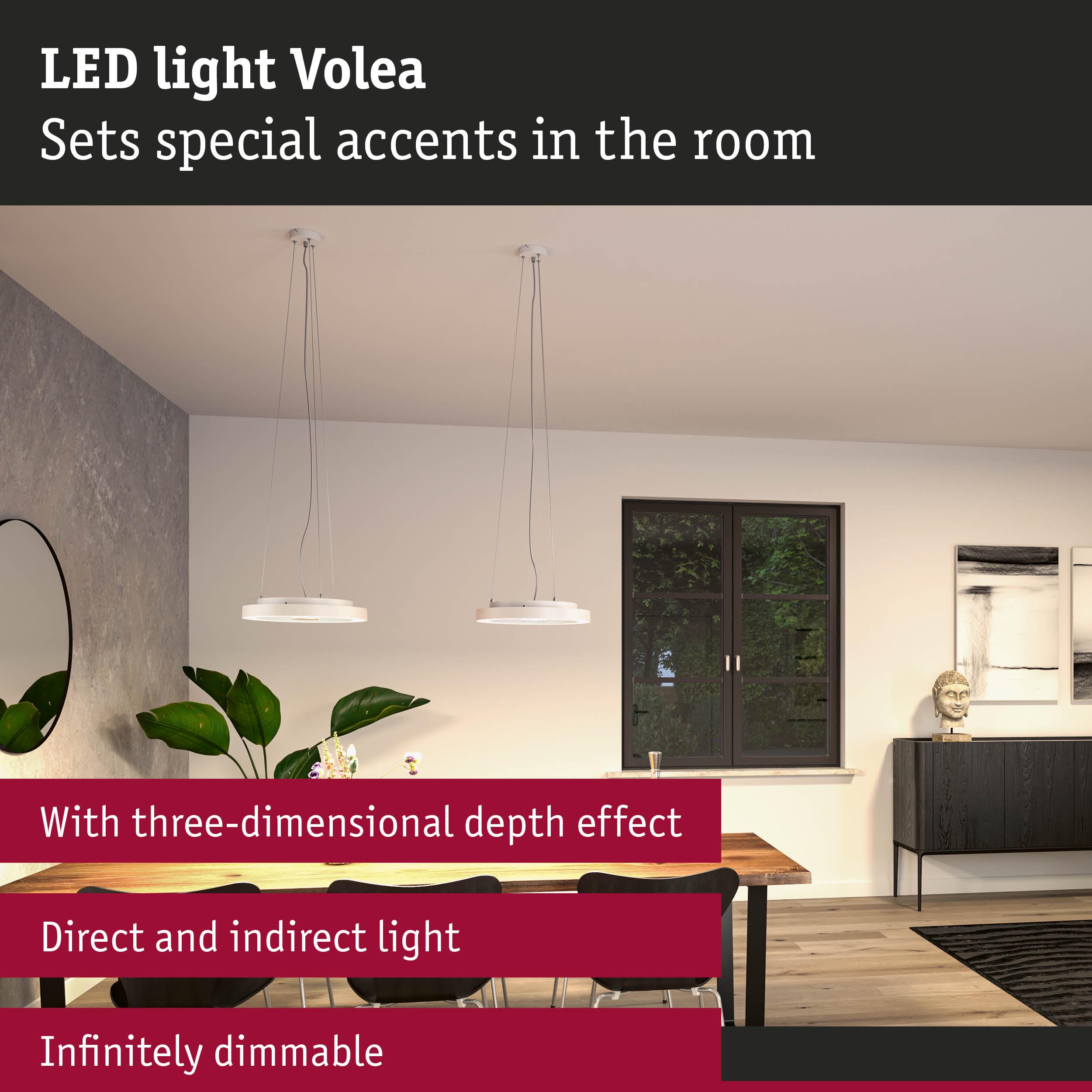 Modern white LED pendant light Volea with direct and indirect lighting for living spaces