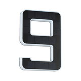 Black solar house number 9 with white plastic frame for outdoor lighting and house numbering.