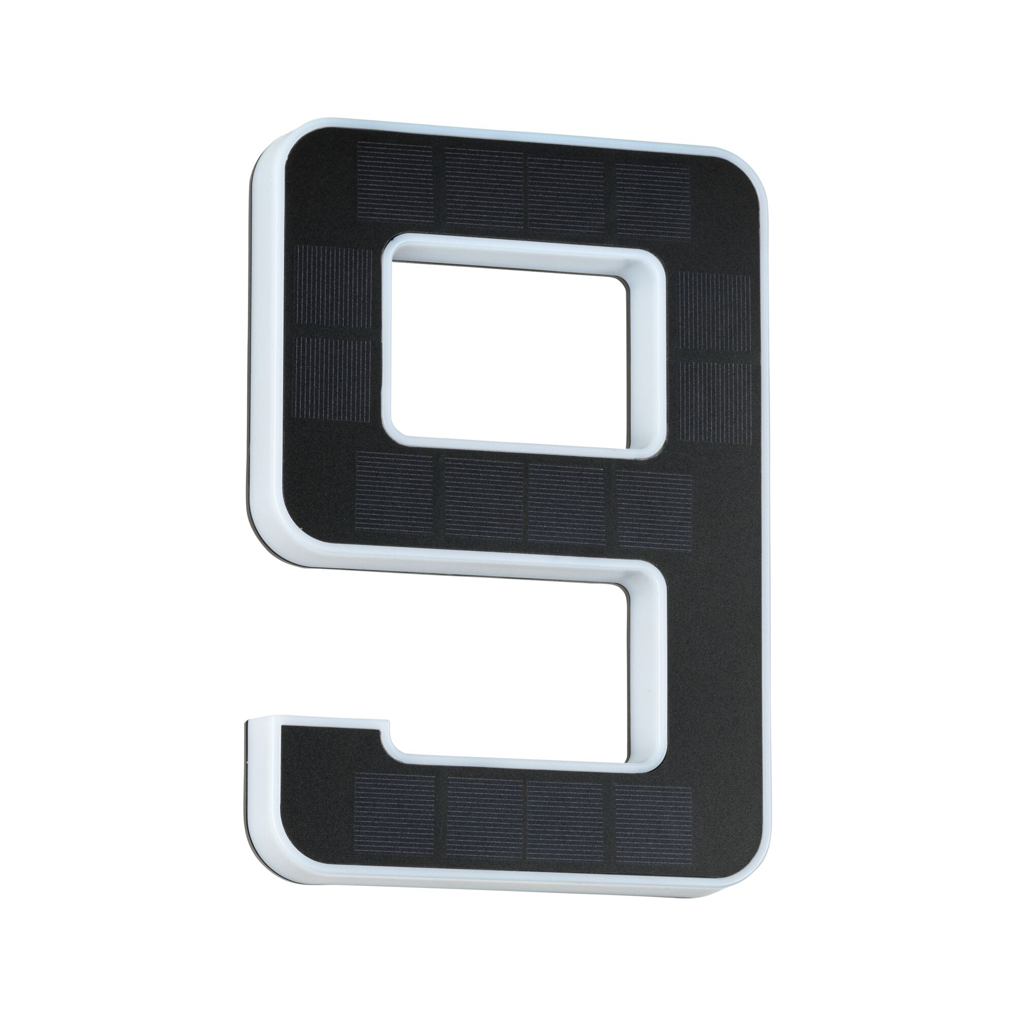 Chiffre solaire noir 9 avec cadre blanc en plastique pour éclairage extérieur et numérotation.