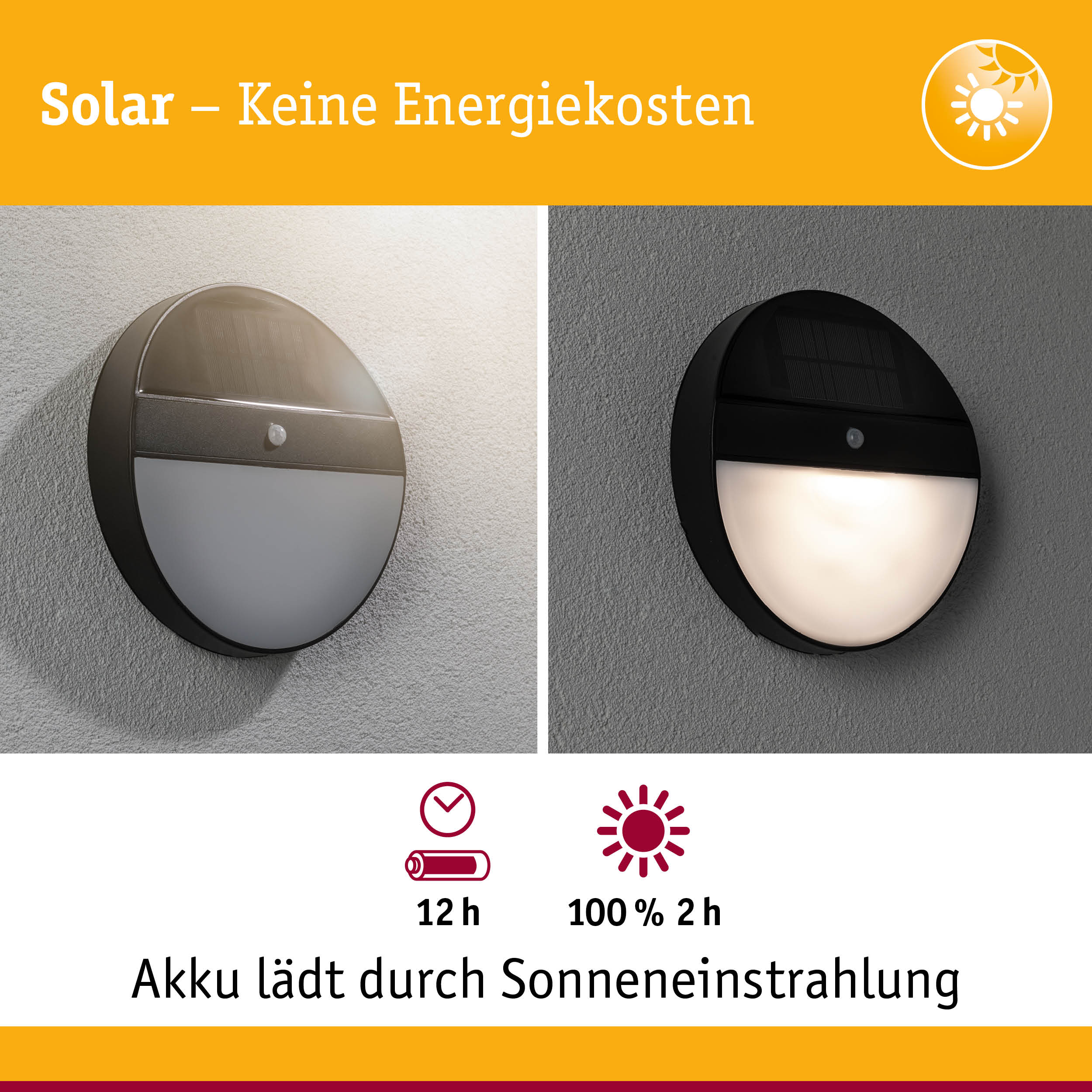 Runde schwarze Solar-Wandleuchte mit Bewegungsmelder, energiesparende Außenbeleuchtung mit Akku.